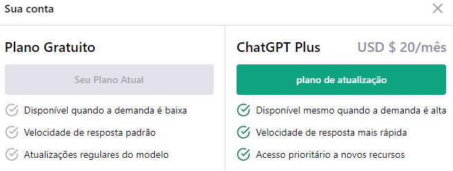 ChatGPT diferença da conta Gratuita para a conta Paga Plus